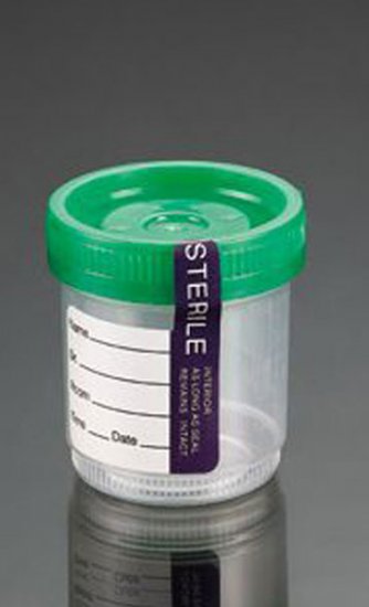 Specimen Containers Leak Resistant, 90mL, with Temper Evident Label, Sterile, Cap Color: Green (QTY. 150 per Case) - Click Image to Close